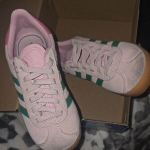 Adidas Pink Sneakers with Green Stripes